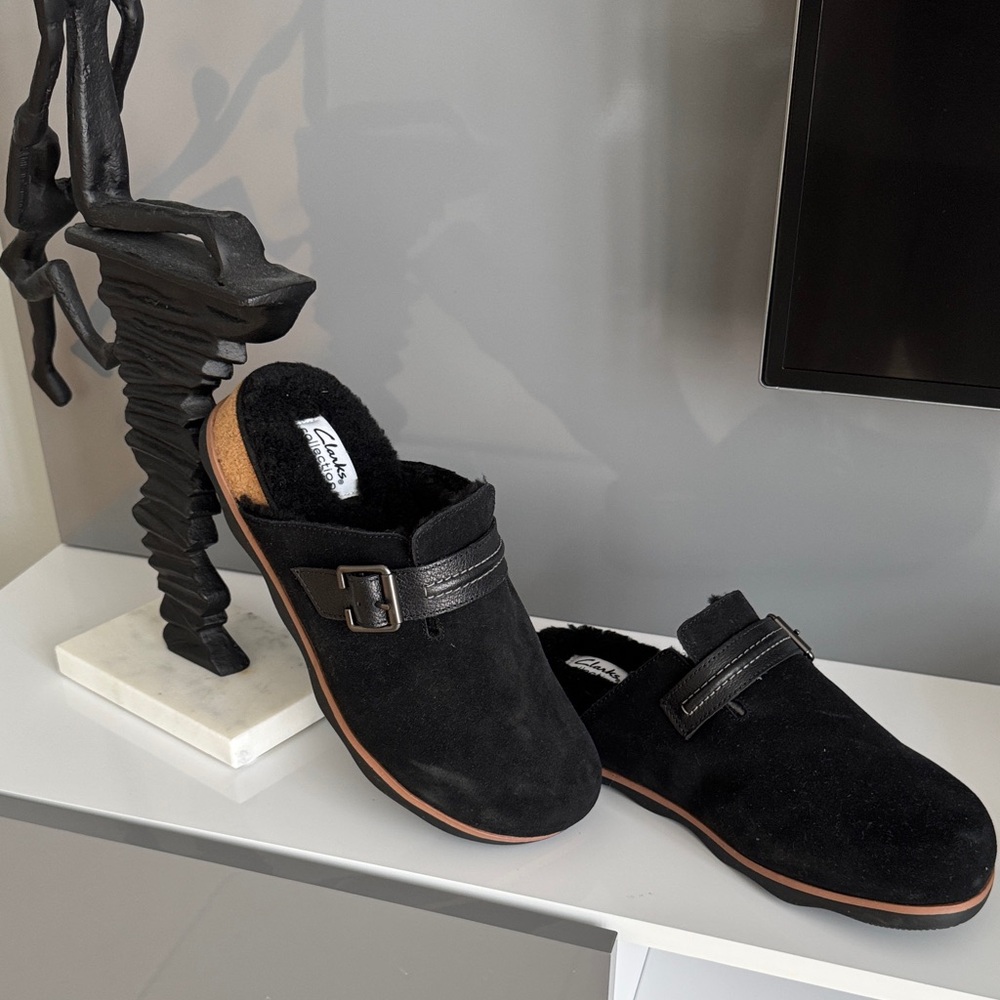 Clarks Women’s Black Suede Slip-On Loafers with Buckle
